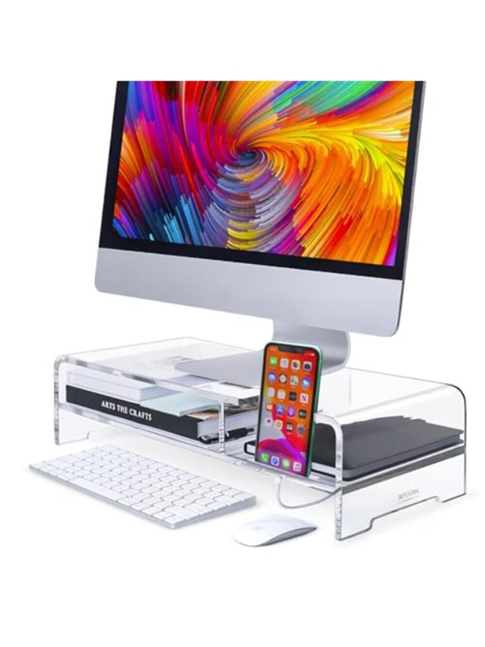 Clear Acrylic Monitor Stand Riser Desk Organizer Keyboard Storage Phone Slot